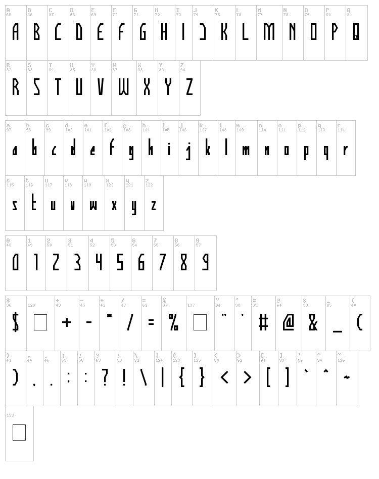 Human Alter Ego font map